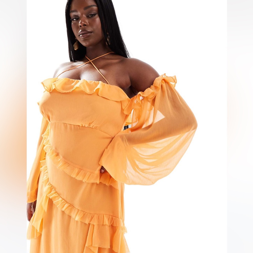 ASOS Design Curve Cross Neck Cold Shoulder Maxi Dress with Ruffles.